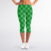 Green And White Plaid Pattern Print Women's Capri Leggings