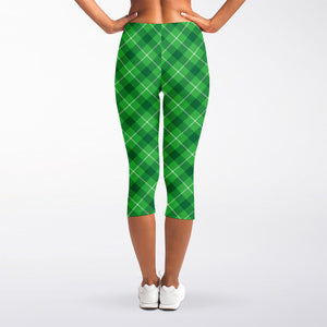 Green And White Plaid Pattern Print Women's Capri Leggings