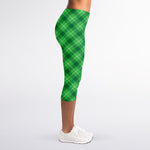 Green And White Plaid Pattern Print Women's Capri Leggings