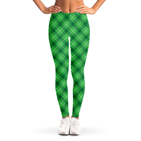 Green And White Plaid Pattern Print Women's Leggings