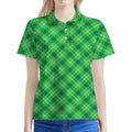 Green And White Plaid Pattern Print Women's Polo Shirt
