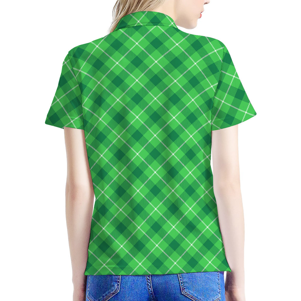 Green And White Plaid Pattern Print Women's Polo Shirt