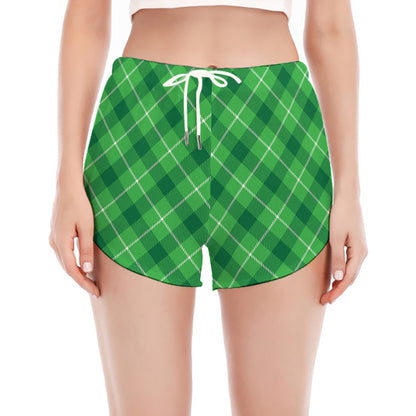 Green And White Plaid Pattern Print Women's Split Running Shorts