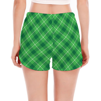 Green And White Plaid Pattern Print Women's Split Running Shorts