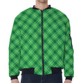 Green And White Plaid Pattern Print Zip Sleeve Bomber Jacket