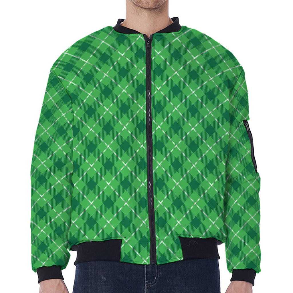 Green And White Plaid Pattern Print Zip Sleeve Bomber Jacket
