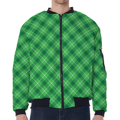 Green And White Plaid Pattern Print Zip Sleeve Bomber Jacket