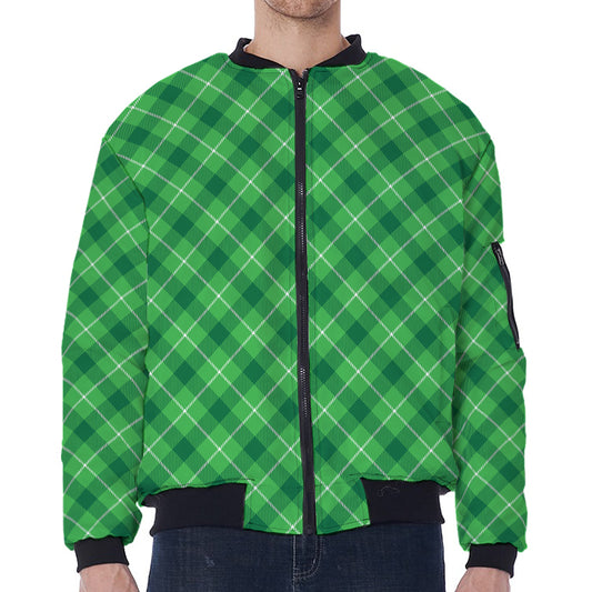 Green And White Plaid Pattern Print Zip Sleeve Bomber Jacket