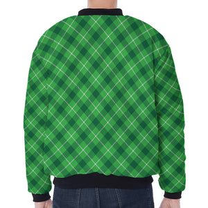 Green And White Plaid Pattern Print Zip Sleeve Bomber Jacket