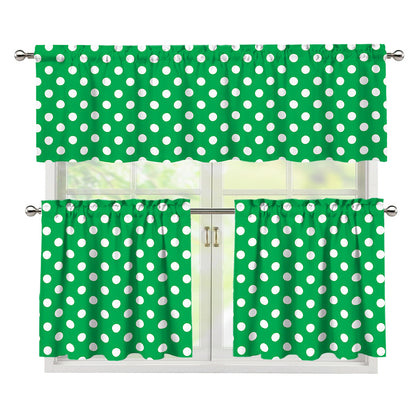 Green And White Polka Dot Pattern Print 3 Piece Kitchen Curtains