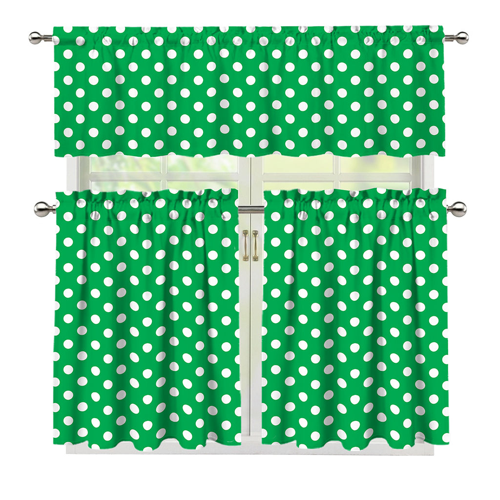 Green And White Polka Dot Pattern Print 3 Piece Kitchen Curtains