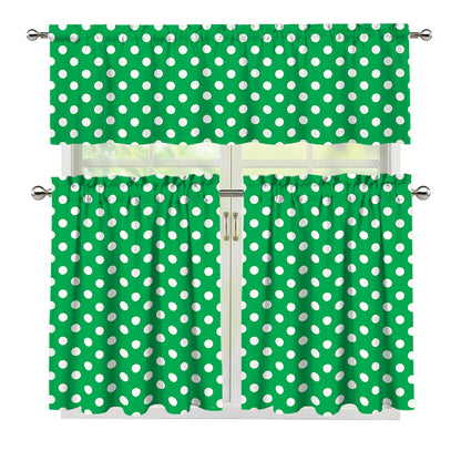 Green And White Polka Dot Pattern Print 3 Piece Kitchen Curtains