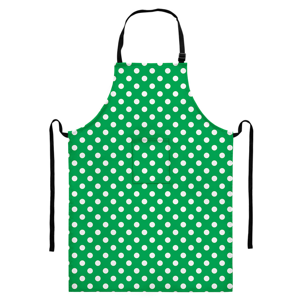 Green And White Polka Dot Pattern Print Bib Apron With Pocket