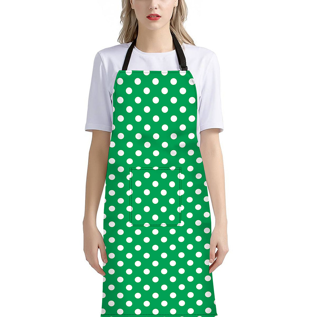 Green And White Polka Dot Pattern Print Bib Apron With Pocket