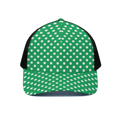 Green And White Polka Dot Pattern Print Black Mesh Trucker Cap