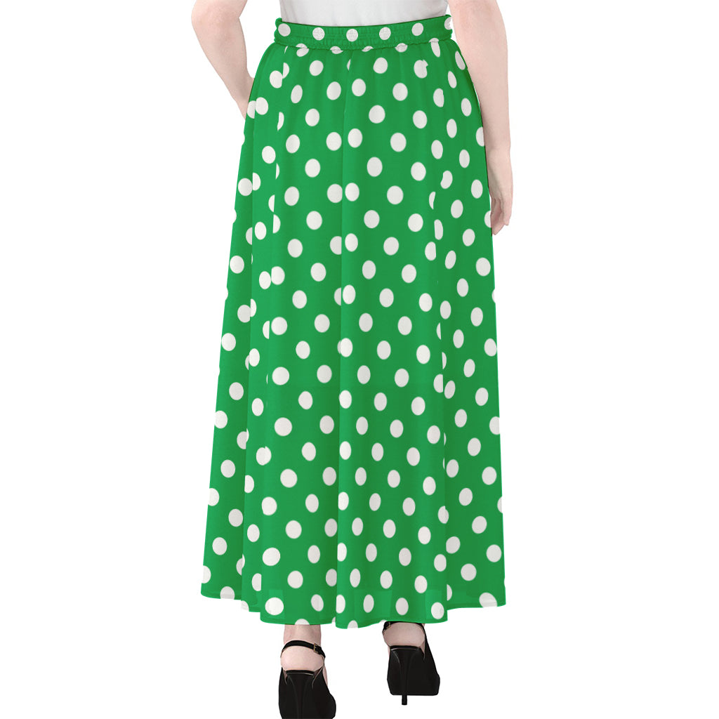 Green And White Polka Dot Pattern Print Chiffon Maxi Skirt