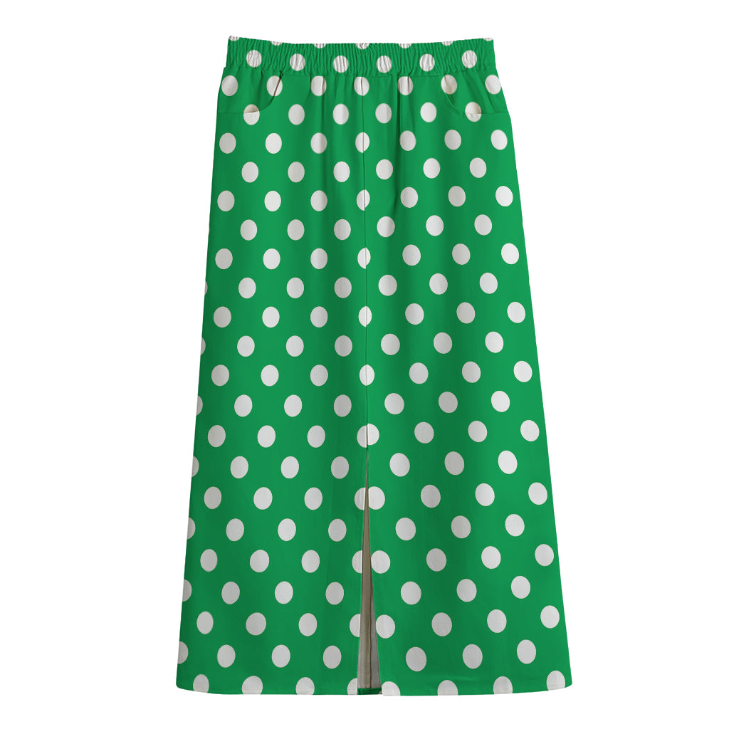 Green And White Polka Dot Pattern Print Cotton Front Slit Maxi Skirt