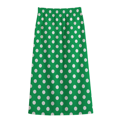 Green And White Polka Dot Pattern Print Cotton Front Slit Maxi Skirt