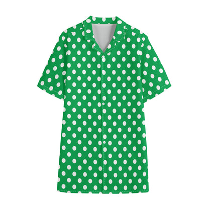 Green And White Polka Dot Pattern Print Cotton Hawaiian Shirt