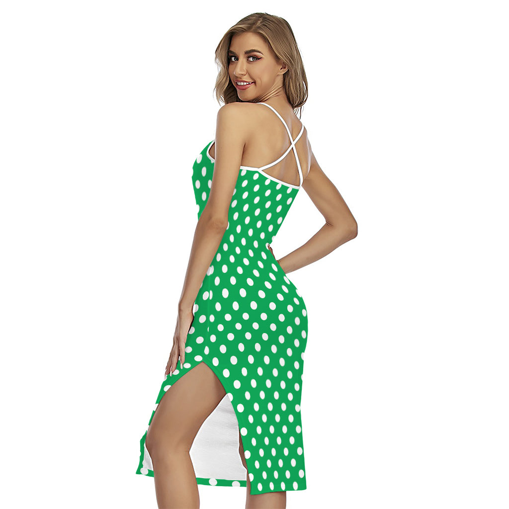 Green And White Polka Dot Pattern Print Cross Back Cami Dress