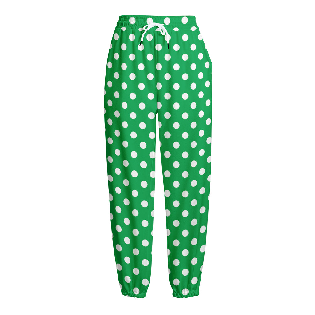 Green And White Polka Dot Pattern Print Fleece Lined Knit Pants