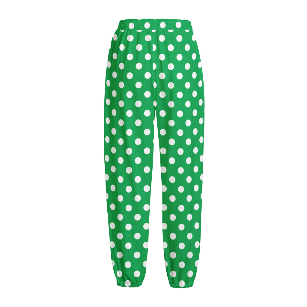 Green And White Polka Dot Pattern Print Fleece Lined Knit Pants