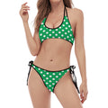 Green And White Polka Dot Pattern Print Halter Scoop Tie Side Bikini