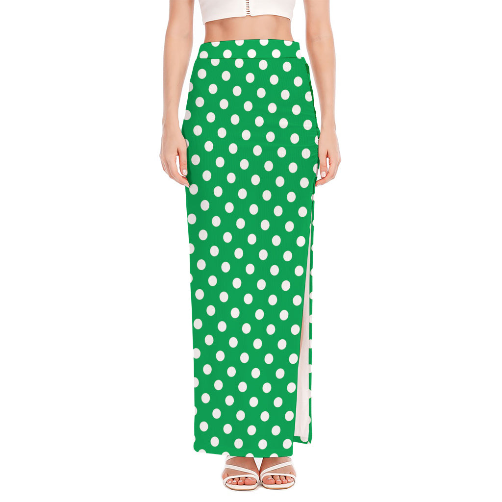 Green And White Polka Dot Pattern Print High Slit Maxi Skirt