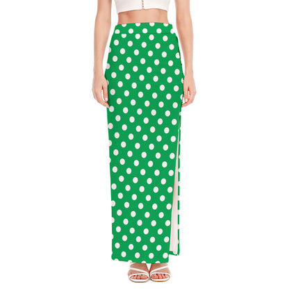 Green And White Polka Dot Pattern Print High Slit Maxi Skirt