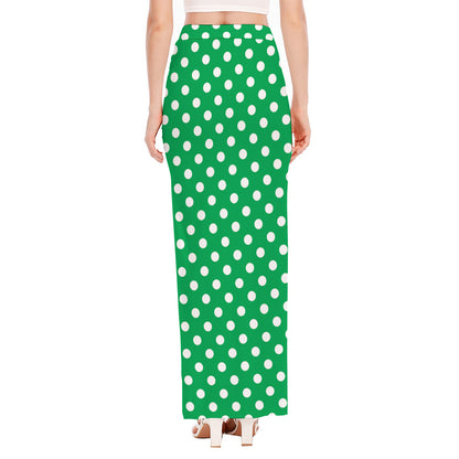 Green And White Polka Dot Pattern Print High Slit Maxi Skirt