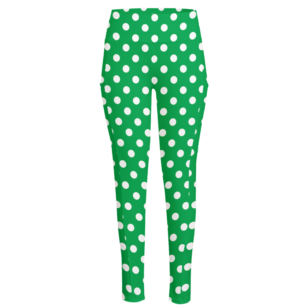 Green And White Polka Dot Pattern Print High-Waisted Pocket Leggings