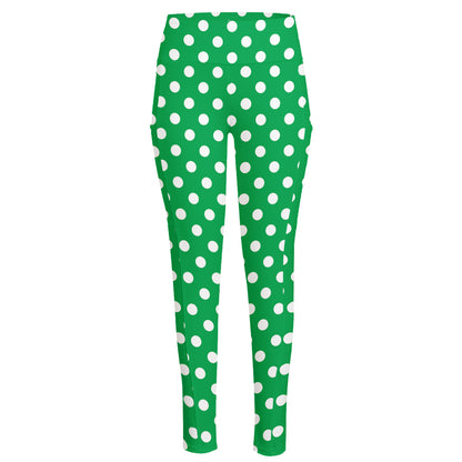 Green And White Polka Dot Pattern Print High-Waisted Pocket Leggings