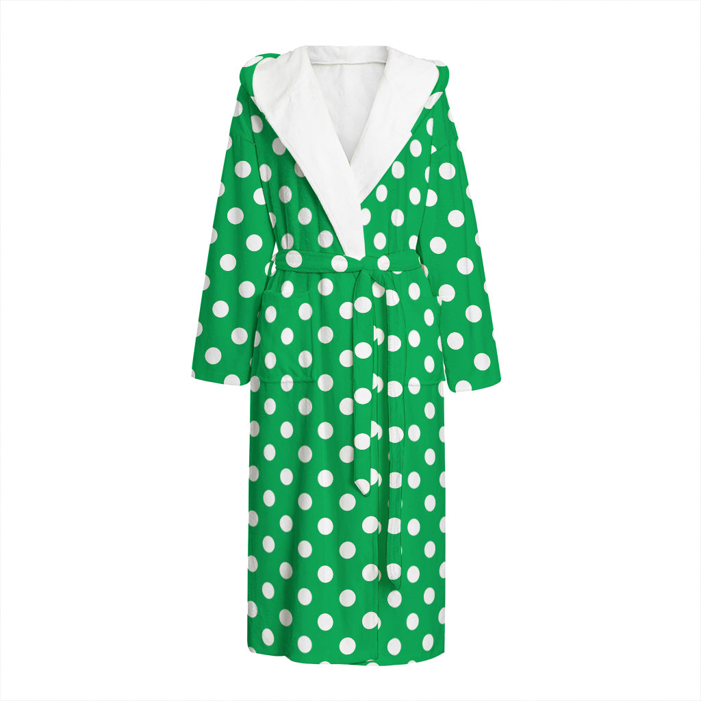 Green And White Polka Dot Pattern Print Hooded Bathrobe