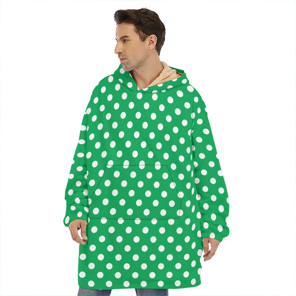 Green And White Polka Dot Pattern Print Hoodie Blanket