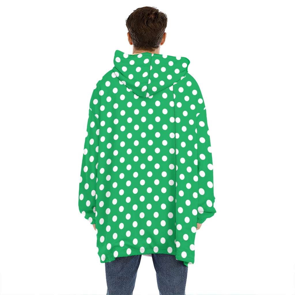 Green And White Polka Dot Pattern Print Hoodie Blanket