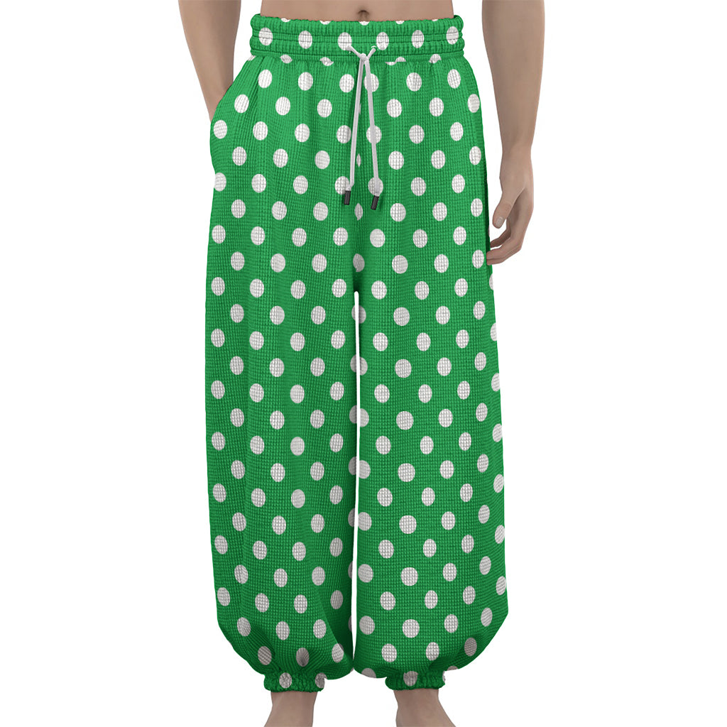 Green And White Polka Dot Pattern Print Lantern Pants