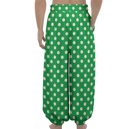 Green And White Polka Dot Pattern Print Lantern Pants