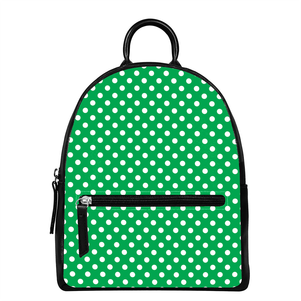 Green And White Polka Dot Pattern Print Leather Backpack