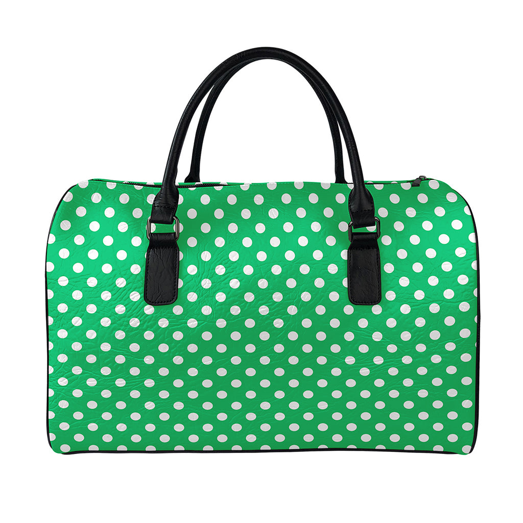 Green And White Polka Dot Pattern Print Leather Duffle Bag
