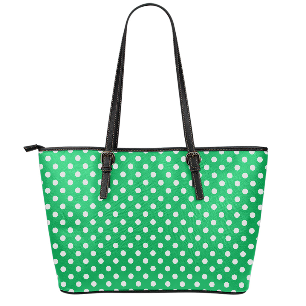 Green And White Polka Dot Pattern Print Leather Tote Bag