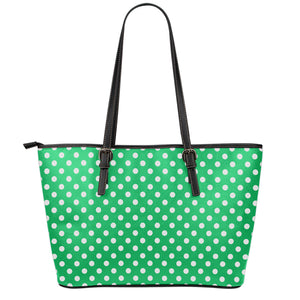 Green And White Polka Dot Pattern Print Leather Tote Bag