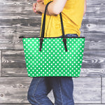 Green And White Polka Dot Pattern Print Leather Tote Bag