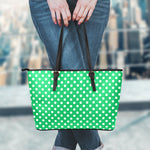 Green And White Polka Dot Pattern Print Leather Tote Bag