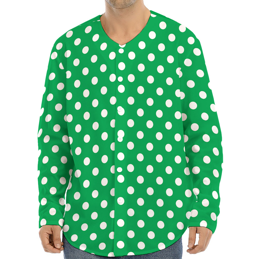 Green And White Polka Dot Pattern Print Long Sleeve Baseball Jersey