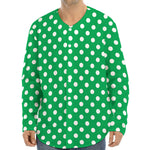 Green And White Polka Dot Pattern Print Long Sleeve Baseball Jersey