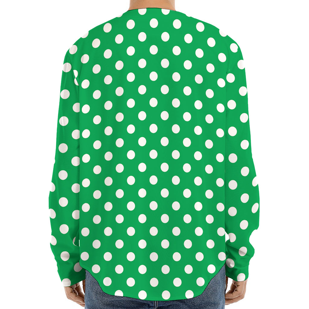 Green And White Polka Dot Pattern Print Long Sleeve Baseball Jersey