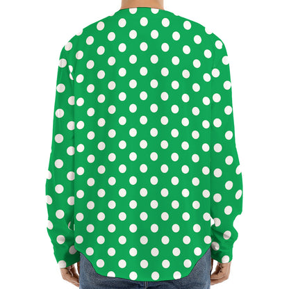 Green And White Polka Dot Pattern Print Long Sleeve Baseball Jersey