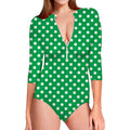 Green And White Polka Dot Pattern Print Long Sleeve Swimsuit