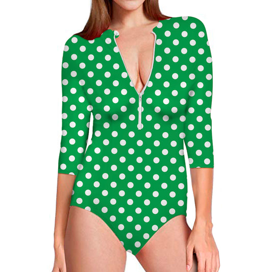 Green And White Polka Dot Pattern Print Long Sleeve Swimsuit