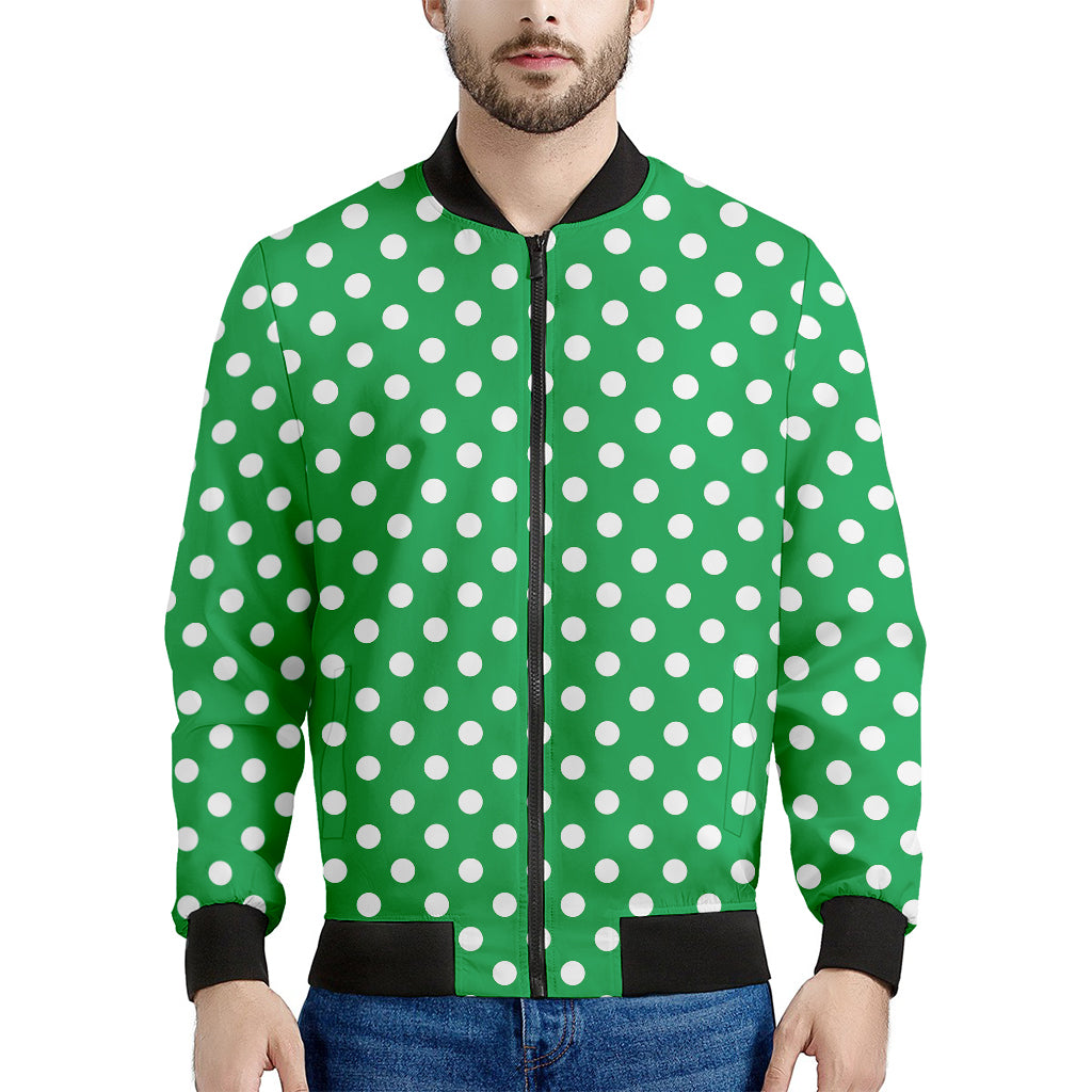 Green And White Polka Dot Pattern Print Men's Bomber Jacket